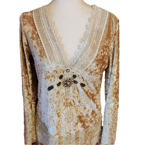 Crushed Velvet Beaded BOHO Lace Blouse M